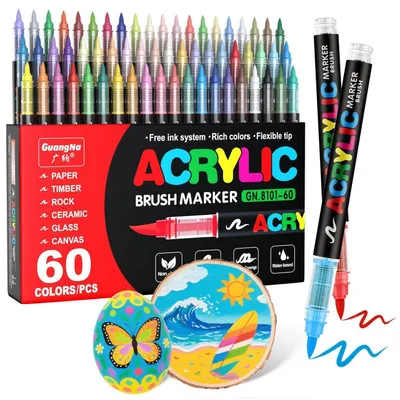 Image de Jeu de 60 feutres acryliques pour tissu, toile, verre, bois et papier