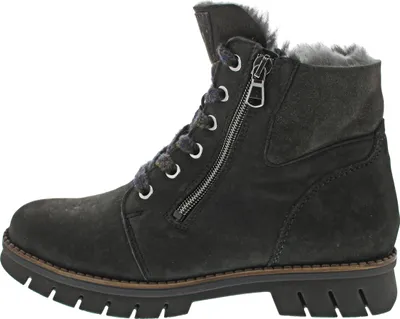 A side view of a dark gray winter boot with fur lining.