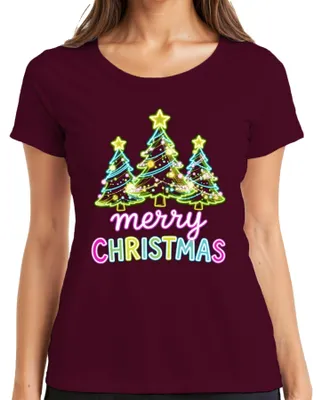 Immagine prodotto di merry CHRISTMAS Neon Christmas Trees Neon Retro Gift Maglietta da donna, Borgogna, 3XL