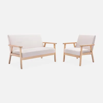 Immagine prodotto di Set panca e poltrona in legno e tessuto, 3 posti, Beige