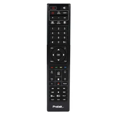 A black remote control is shown from the front against a white background.