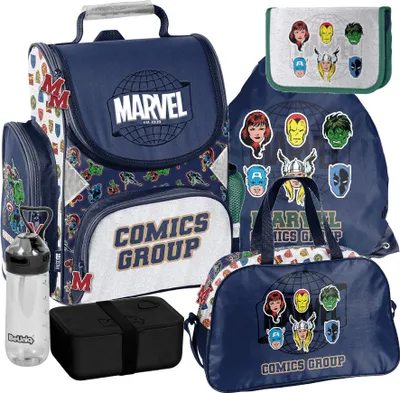 Immagine prodotto di Zaino scolastico per bambine e bambini con motivo AVENGERS, set da 6 pezzi: zaino, astuccio, borsa, borraccia, borsa per la colazione, zainetto. Mega-set Paso