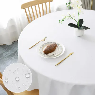 Obrázek produktu pro Kulatá ubrus, průměr 140 cm, bílá, vzhled lnu, omyvatelná, voděodolná, odolná proti poškrábání, materiál: polyester