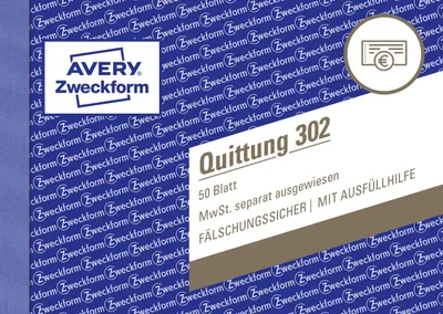 Obrázek produktu pro Avery Zweckform® 302 302 Stvrzenka DPH zobrazena samostatně - A6 na šířku, MP, odolná proti padělání, 50 listů, bílá