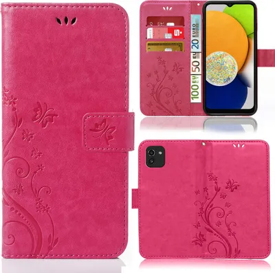 A collage of images showing a pink flip phone case with a floral and butterfly pattern, including views of the case open and closed, and a phone inside.