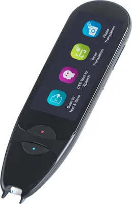 A black scanning pen with a digital screen displaying icons and text.