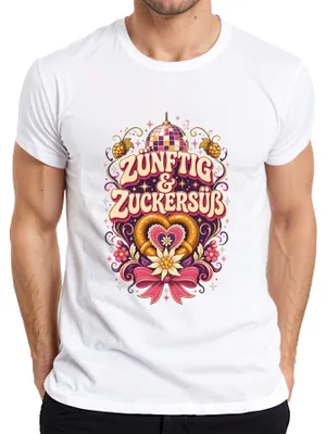 Productafbeelding van Zünftig & Zuckersüß: Volksfeest, Wiesn, Brezel, Feest, Lederbroek, Dirndl, Heren T-shirt, Wit, Maat L