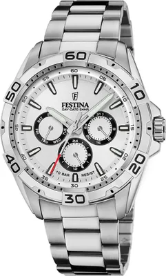 A silver Festina men's watch with a white dial is shown against a white background.