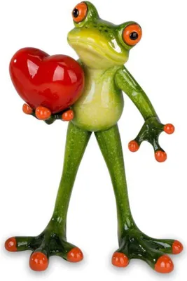Eine Figur eines Frosches, der ein rotes Herz hält. Die Figur wirkt verspielt und liebenswert.