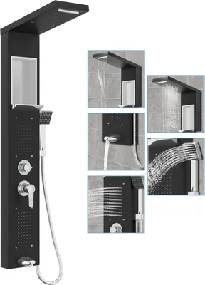 Obrázek produktu pro TWOLIIN sprchový panel z nerezové oceli, 5 funkcí sprchový systém sprchová baterie kompletní sada s dešťovou sprchou, vodopádem, ruční sprchou, 2 masážními tryskami – černá