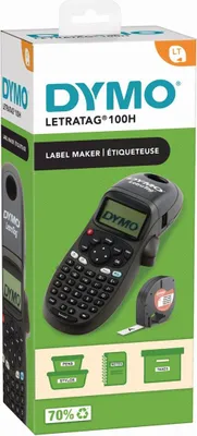 The image shows the packaging of a DYMO LetraTag 100H label maker, along with a depiction of the label maker itself and examples of its use.