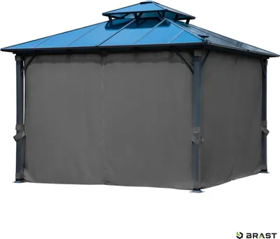 A gray gazebo with a blue roof is shown against a white background.