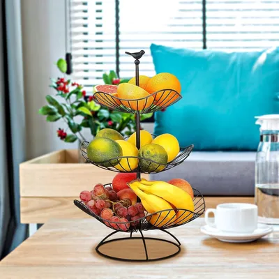 Productafbeelding van Famanu fruitmand met 3 niveaus - zwarte fruitschaal - metalen fruitmand - 3 opbergbakken