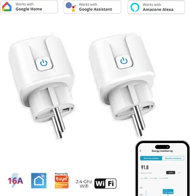 Produktbild von 2x Intelligente WiFi WLAN Steckdose mit Strommessung und Sprachsteuerung, Timer, SmartLife App, Mini Smart Plug, Alexa & Google