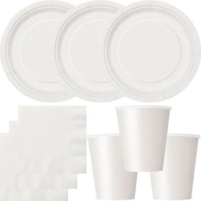 Produktbild von Party Deko Set weiss Einweggeschirr für 16 Personen Teller, Becher, Servietten Hochzeit Geburtstag