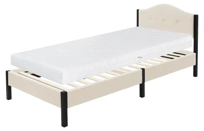 Zdjęcie produktu dla Łóżko tapicerowane ML-Design 90 x 200 cm, beżowe, pojedyncze, z materacem o grubości 16 cm, solidną ramą, zagłówkiem i stelażem z listew. Nowoczesne łóżko młodzieżowe.