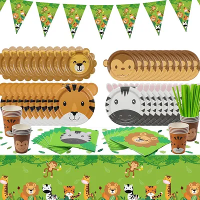 Productafbeelding van Jungle-feestartikelen - Set van 102 - Inclusief dierenpapieren borden - Jungle tafelkleed - Safari-vlag - Servetten