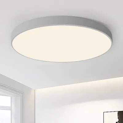 A modern, round LED ceiling light fixture mounted on a white ceiling.