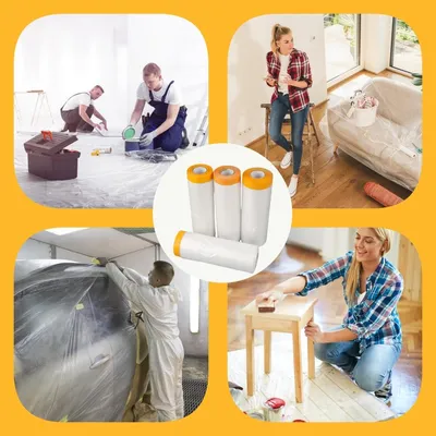 Produktbild von Abdeckfolie mit Klebeband - 4 Stück wasserdichte Maler-Abdeckfolie - vorgekleisterte Stoffschutzfolie - Klebeband mit Folie - Malerfolie - staubdichtes Malerleinwand - transparente PE-Folie