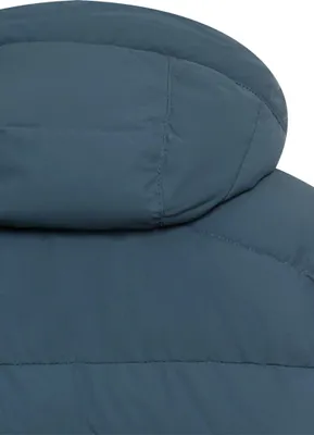 Close-up of the hood and upper back of a blue puffer jacket.