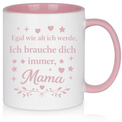 Immagine prodotto di Tazza da caffè con la scritta: "Non importa quanti anni ho, ho sempre bisogno di te, mamma". Colore rosa, capacità 325 ml