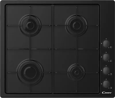 A top-down view of a black gas hob with four burners and control knobs on the right side.