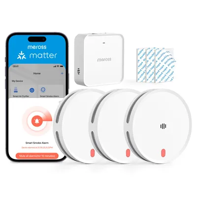 Produktbild von Meross Matter Rauchmelder vernetzt mit App Warnmeldung, 3x Stück inkl. MSH450 Hub