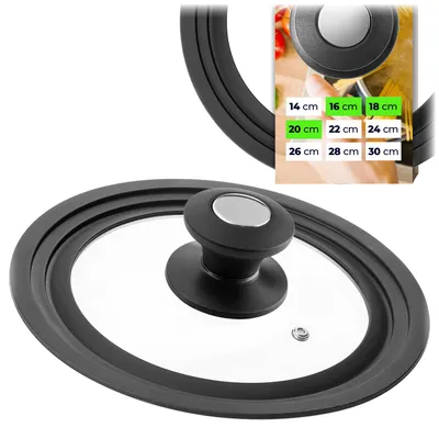 Produktbild von KADAX Universaldeckel 16/18/20 cm, Universal Deckel für Töpfe & Pfannen, Pfannendeckel, Glasdeckel mit Silikonrand und Dampfloch, Topfdeckel (Schwarz/Silber)