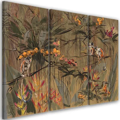Produktbild von Triptychon auf leinwand affen im dschungel 90x60 cm Feeby braun wandbild bereit zum aufhängen