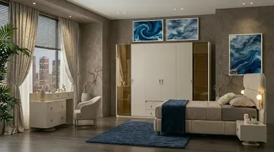 Immagine prodotto di Set per camera da letto design, bianco, in legno e metallo, composto da armadio, letto e comodino