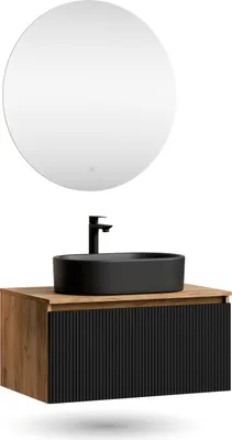 Produktbild von Planetmöbel ARISA Badmöbel Set Schwarz Geriffelt – Mit Nova LED Spiegel und schwarzem Keramik-Aufsatzwaschbecken 55 cm