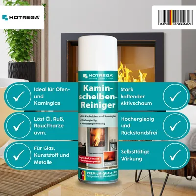 Produktbild von HOTREGA Kaminscheiben Reiniger 300ml inkl. Microfasertuch, Kamin Scheiben Schaum Reiniger Spray