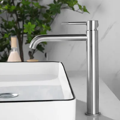 Image de Robinet de lavabo, mélangeur à levier unique, bec haut, finition brossée
