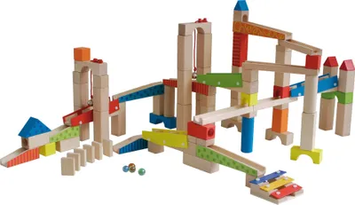 Immagine prodotto di roba pista per biglie, pista per biglie in legno, grande, 100 pezzi, pista per biglie, gioco per attività motorie, componibile in modo variabile