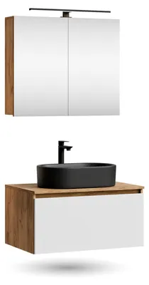 Produktbild von ARISA Badmöbel Set in Weiß - Mit Spiegelschrank "ARIA" und schwarzem Keramik-Aufsatzwaschbecken 55 cm