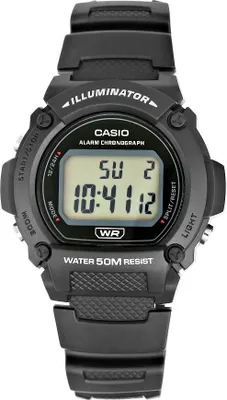 A black Casio digital watch is shown against a white background.