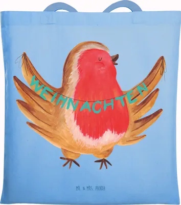 Produktbild von Mr. & Mrs. Panda Schultasche Rotkehlchen Weihnachten - Sky Blue - Geschenk, Frohe, Stoffbeutel, Tote Bag, Weihnachtsgruß, Tasche, Vogel, Baumwolltasche, Heiligabend