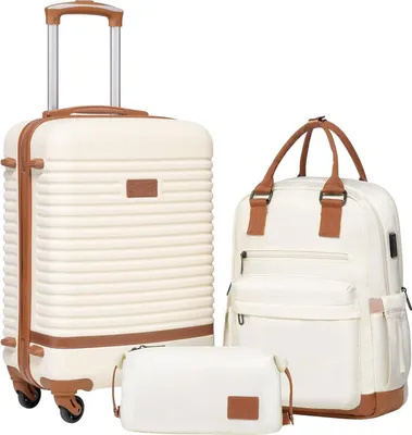 Produktbild von Trolley Koffer Reisekoffer von ABS Hartschalen Trolley 4 Rollen TSA-Schloss Der Koffer Enthält 1 Reiserucksack und 1 Kulturbeutel (Weiß/Braun