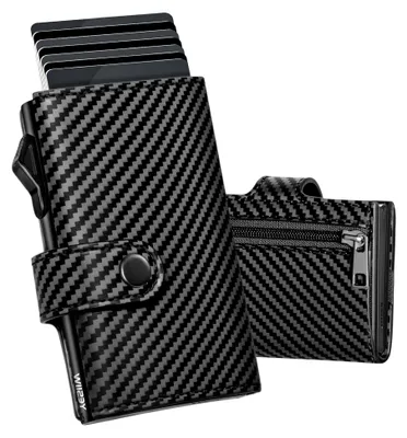 Produktbild von Portmonee Herren Slim mit Große Kapazität Pop-up Geldbörse Herren für 7 Karten,2 Ausweis & 15+ Papiergeld, Slim Wallet mit RFID CardHolder (Carbon Schwarz, Mini Münzfach)