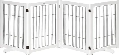 Image de Barrière pour chiens - Barrière de sécurité autoportante pliable - 4 panneaux avec pieds - Bois de pin et acier - Pour portes et escaliers - 264×35,5×77 cm - Blanc