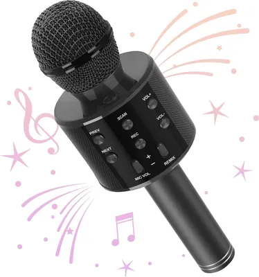 A black wireless karaoke microphone with decorative musical notes and stars in the background.