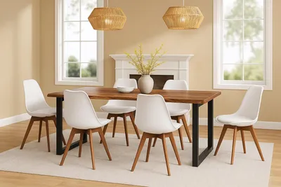 Produktbild von Essgruppe Baumkante massiv 220 x 100 cm Holz-Optik Nussbaum U-Gestell schwarz & 6 Stühle weiß JOSY