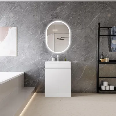 Produktbild von 60cm Badmöbel-Set Standschrank Mineralguss waschtisch mit Unterschrank Badezimmerschrank mit Tür soft-close Weiß Matt Selbstmontierter
