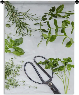 Produktbild von MuchoWow® Wandteppich Wandbehang Gewürze und Schere auf Marmorsockel 90x120 cm Tapisserie Dekoration Wandtuch - Wanddeko