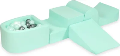 Produktbild von Schaumstoff-Spielset mit Hügel und Mikro-Bällepool – Minze mit Bällebadbällen 100 Stück / Hellmint, Weiß, Silber