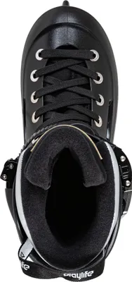 Top-down view of a black ice skate.