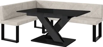Produktbild von MEBLINI Eckbank für Esszimmer mit ausziehbarem Tisch  - Küchenbank - Essecke - Sitzecke Küche - ERIC - U-Beine 142x196x87cm Links - Beige Samt/B Schwarz Hochgl.