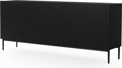 A black sideboard with a fluted front and thin metal legs, shown against a white background.