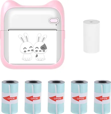 Produktbild von Mini Thermodrucker,Schwarz-Weiß-Fotodrucker Sofortdrucker 203 DPI, drahtlose Bluetooth, Aufkleber mit 5 Rollen Thermopapier 57 x 25 mm kompatibel mit Android iOS-System,Pink