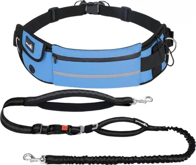 Produktbild von Joggingleine für Hunde mit Bauchgurt, elastisch, blau, mit Gürteltasche, reflektierend